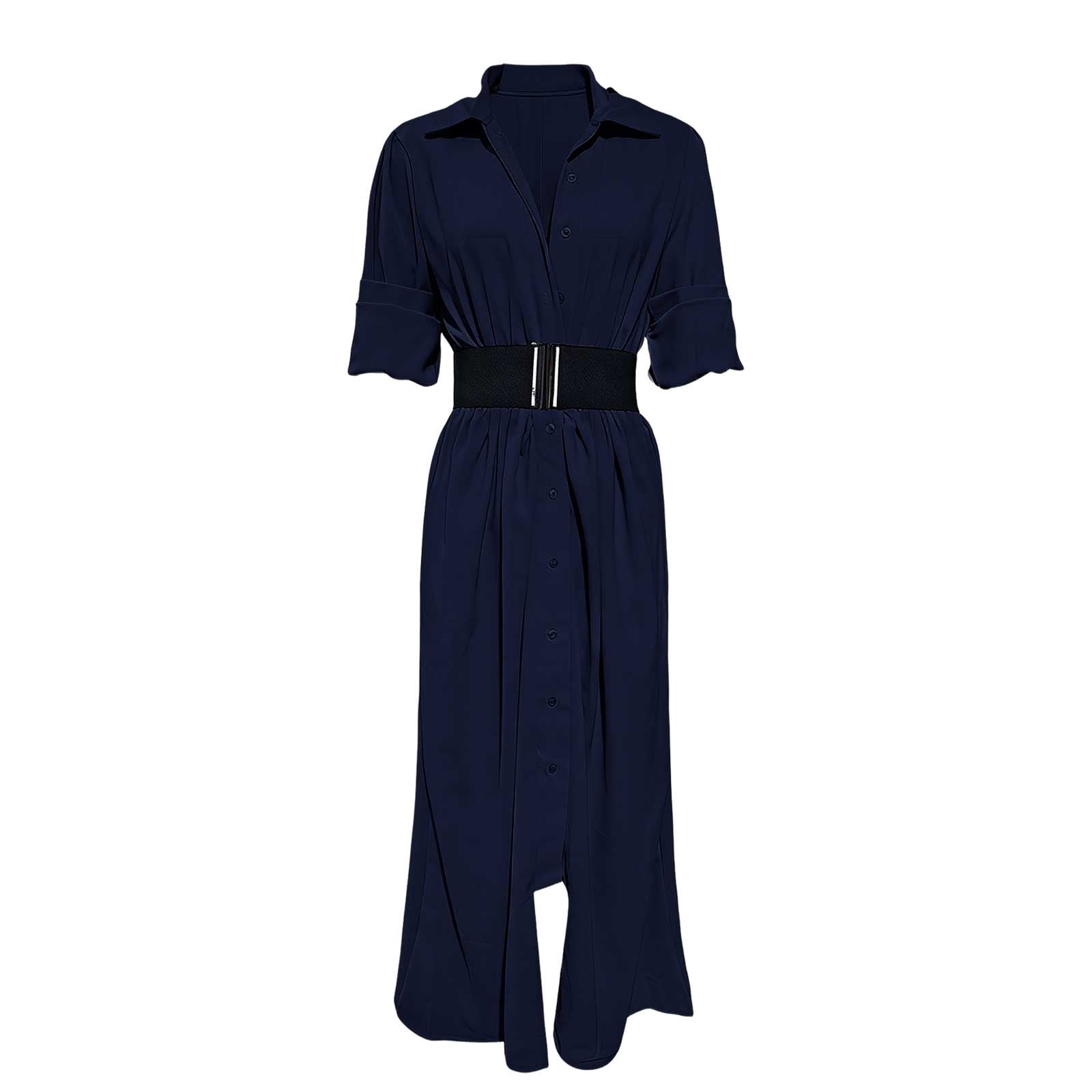 YueHuiYing Women's Single Breasted Shirt Lapel Elegant Belt Slim Fit Pleated Long Sleeves Solid Color Slit Party Dress
