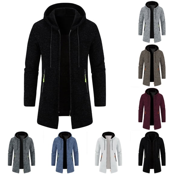 Men's Long Cardigan Hoodies Full-Zip Fleece Lined Sweaters Knit Regular Fit Casual Trench Coat Wiht Pocket