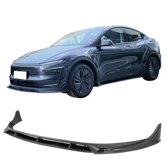 Ikon Motorsports Front Bumper Lip, Compatible with 2025-2026 Tesla Model Y Juniper, IKON Style Carbon Fiber Print ABS Plastic Air Dam Chin Spoiler Protector Splitter 4PC