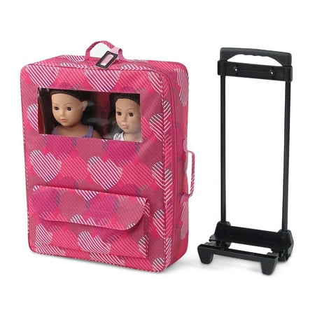 18 Inch Doll Accessories | Amazing Travel 2-Doll Carrier with Window, Includes Trolley, Backpack Straps, Loads of Storage, and Removable Doll Bed with Bedding | Fits American Girl