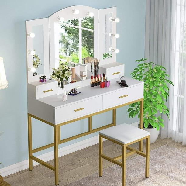 Tribesigns Vanity Table Set With Tri Folding Lighted Mirror And Cushioned Stool Makeup Dresser 2 Drawers Storage Shelves 9 Led Lights Dressing For Women Girls Bedroom Com Cushioned Stool Makeup Table Dresser, Tribesigns Vanity Set With Tri Folding Lighted Mirror
