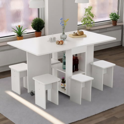 Folding Drop Leaf Dining Table Set with 4 Chairs, Space Saving Foldable Dining Table with Storage and 6 Wheels White