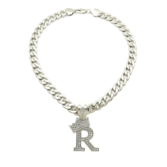 iJewelry2 Kings and Queens Crowned Initial Letter R Crystals Pendant Silver-tone Cuban Linked Chain Necklace