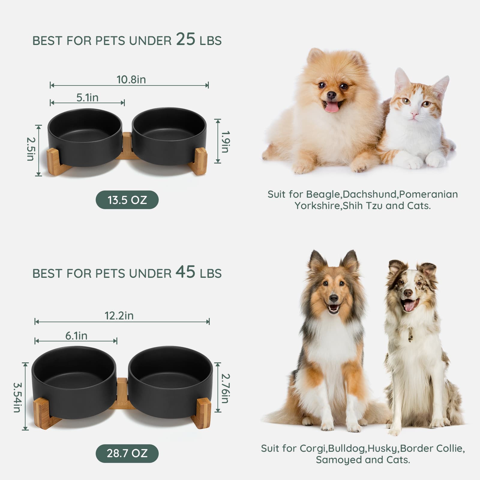 SPUNKYJUNKY Ceramic Dog and Cat Bowl Set with Wooden Stand Non-Slip Matte Glaze Weighted Food Water Set for Cat Medium Dog 28.7 OZ,Black
