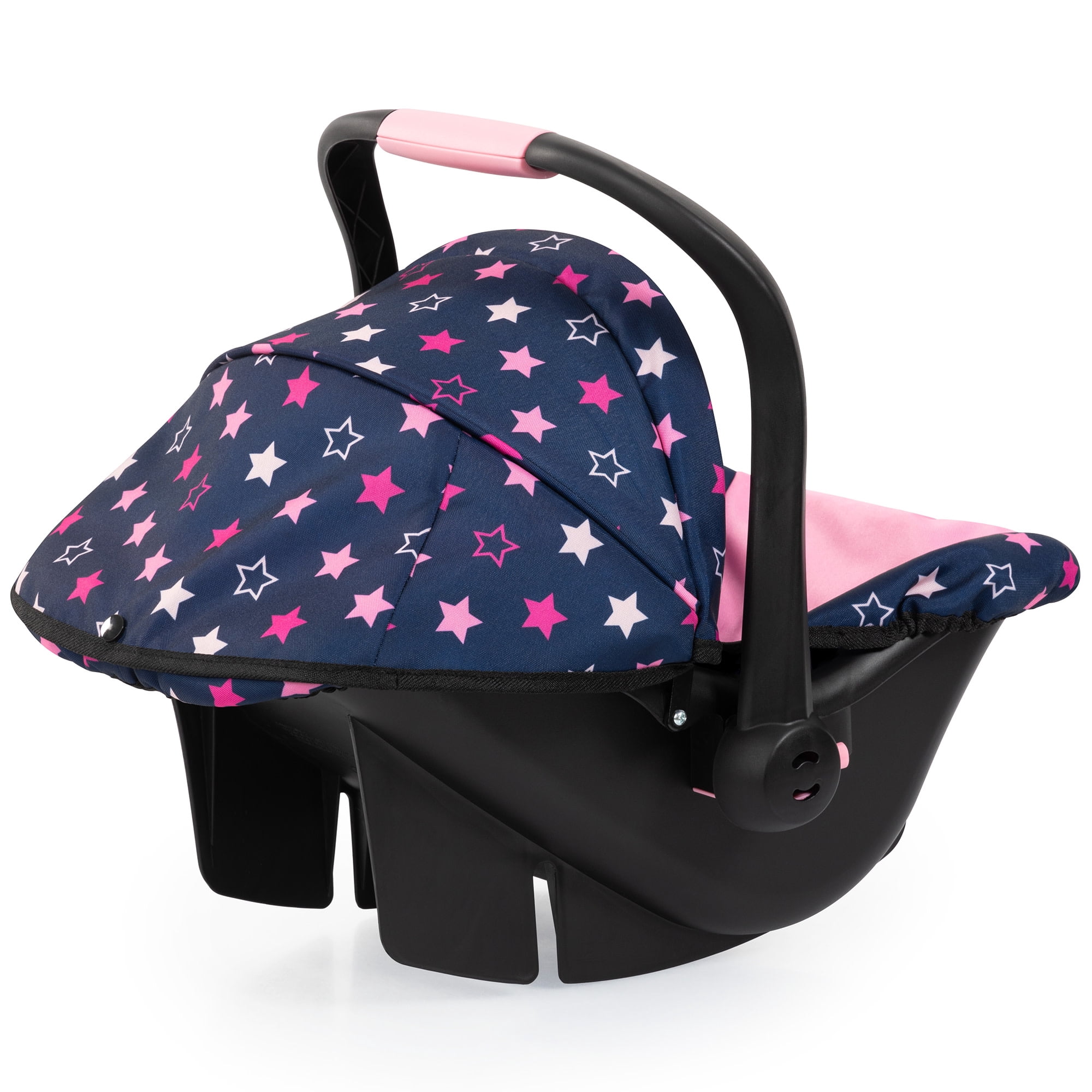 Bayer Design: Doll Deluxe Car Seat - Navy-Pink-Star - Portable Travel Carrier For Dolls Up To 18", Sunshade & Carry Handle, Use As Rocker, Kids 3+