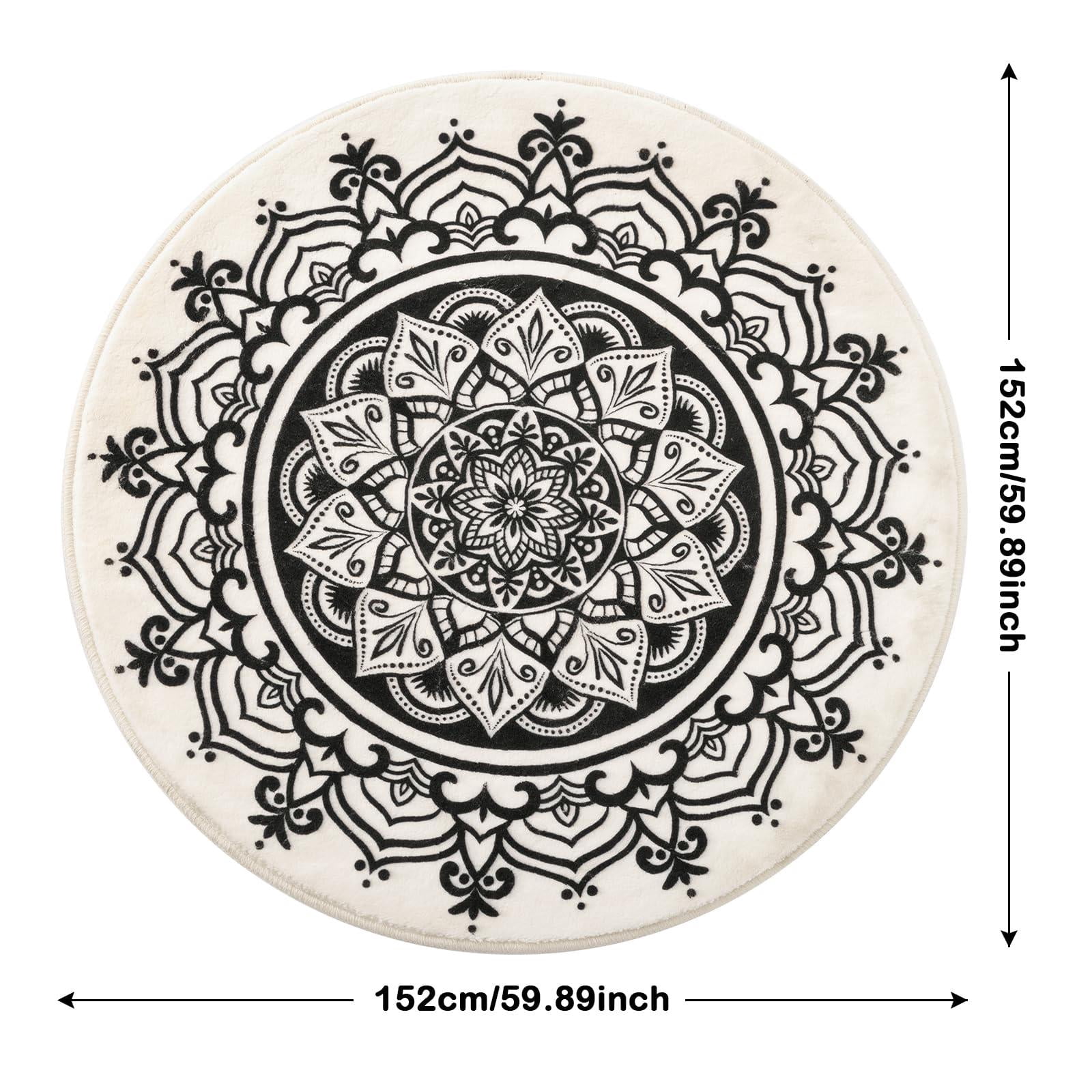 Carvapet Round Area Rug for Living Room, Non Slip Machine Washable Bathroom Rugs, Extra Soft Rugs for Bedroom, Boho Mandala Print Circle Rugs, 5ft Round Beige and Black