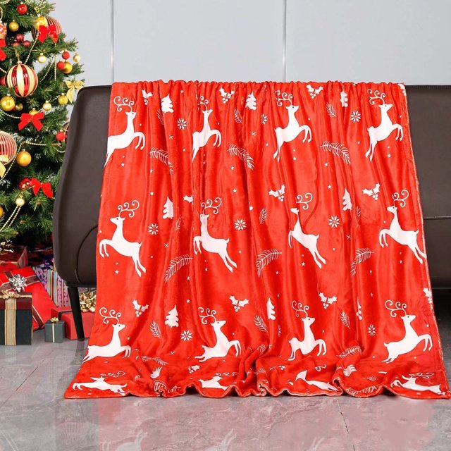 Chmadoxn Christmas Decorations, Christmas Ornaments, Christmas Gifts Christmas Home Decor Flannel Fleece Throw Blanket For Couch Sofa With Reindeer Print, Red flannel blanket