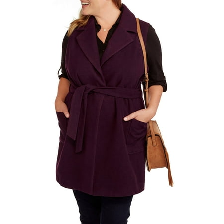Belted Textured Wool Blend - Maxwell Studio Women's Plus-Size Fashion Faux Wool Belted Sleeveless Coat--Wear as a Vest or Jacket