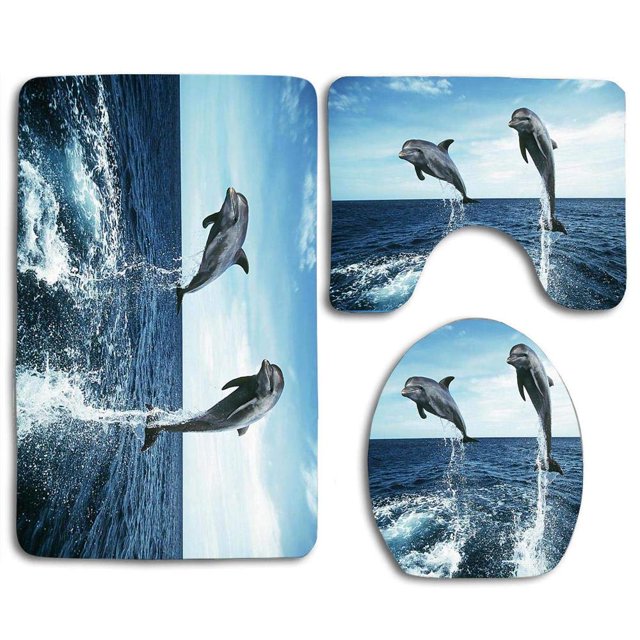 ABPHQTO Delpines de salto encantadores Juego de alfombras de baño de 3 piezas Alfombra de baño Alfombra de contorno y tapa de inodoro ABPHQTO Cont-CHAPPLE-22889