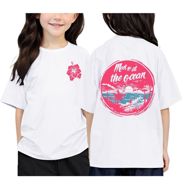 T-shirts Filles Été Imprimé Recto-Verso Col Rond Manches Courtes Décontracté Tops Filles Blanc 3-4 Ans