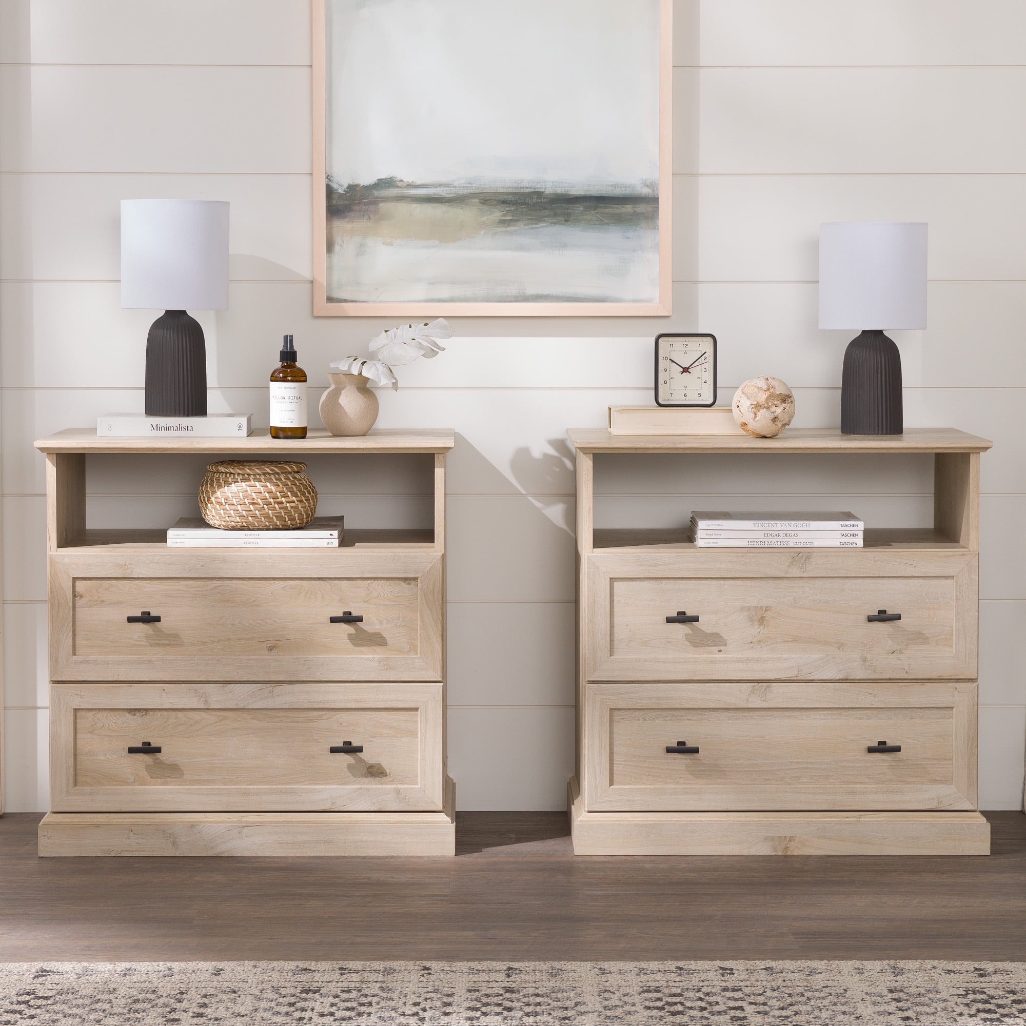 Walker Edison Traditional 2-Drawer Nightstand, Set of 2, White Oak