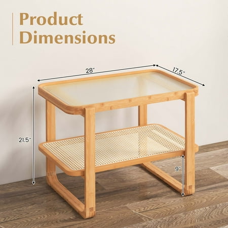 Costway 1 PC Bamboo Side Table with Rattan Shelf Glass Top Nightstand Small Sofa End Table - Natural