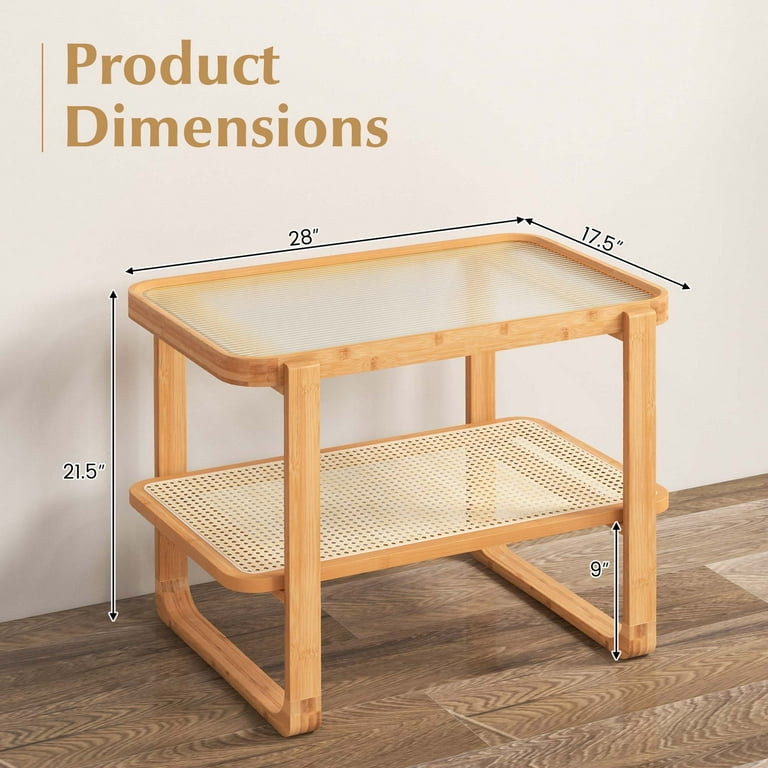 Costway Bamboo Side Table, Glass Top, Rattan Shelf, Living Room