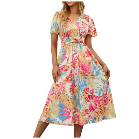 Blphud Trendy Dresses for Women 2024 Womens Casual Wrap Dress Women Summer Dresses Short Sleeves V Neck Maxi Dresses Boho Long Dresses Womens Dress Hot Pink M