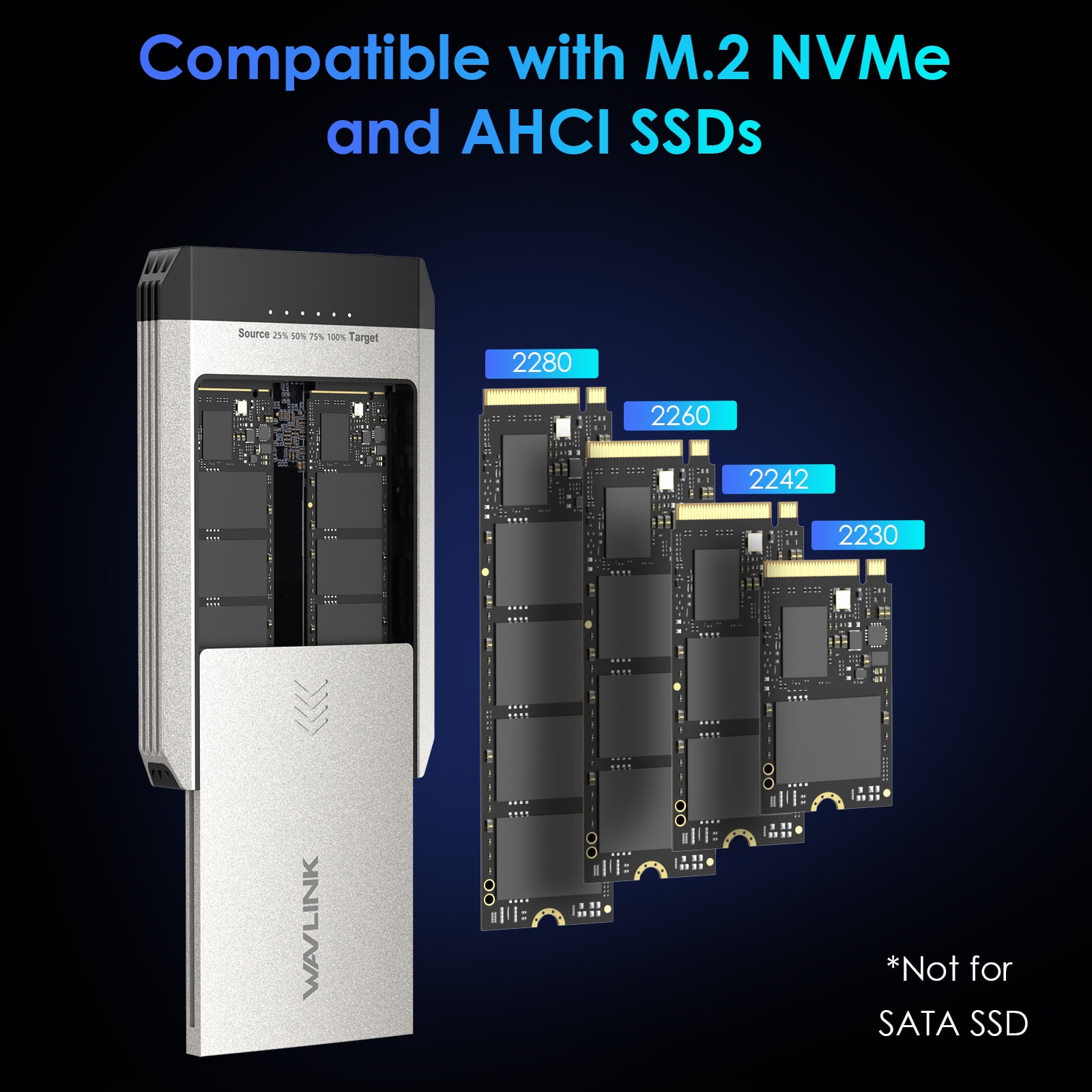 WAVLINK Hard Drives Enclosure, M.2 SSD Dual-Bay Duplicator, Compatible with NVMe and AHCI, One Click Offline Clone, 20Gbps USB-C(USB3.2 Gen 2x2), 8TB Expansion Storage(4TBx2)