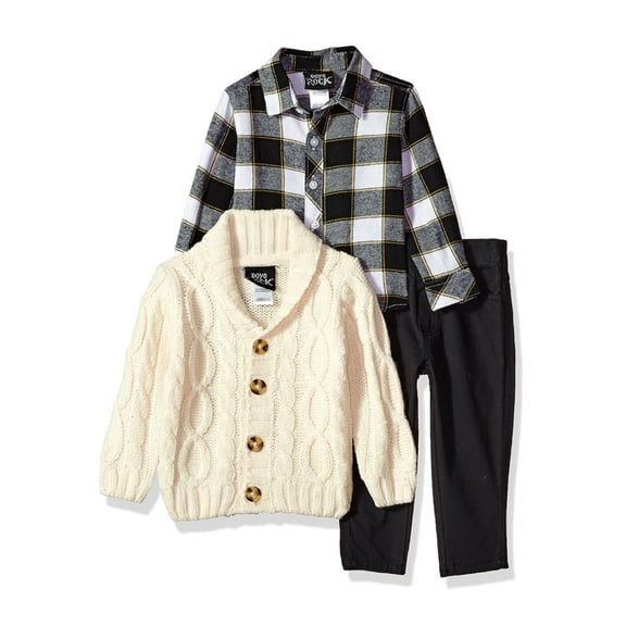 Infant & Toddler Boys 3-Piece Ivory Cable Knit Cardigan Plaid Shirt & Pant Set