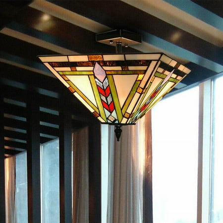 

Tiffany Style Mission Flush Mount Ceiling Light Fixture Stained Glass Chandelier