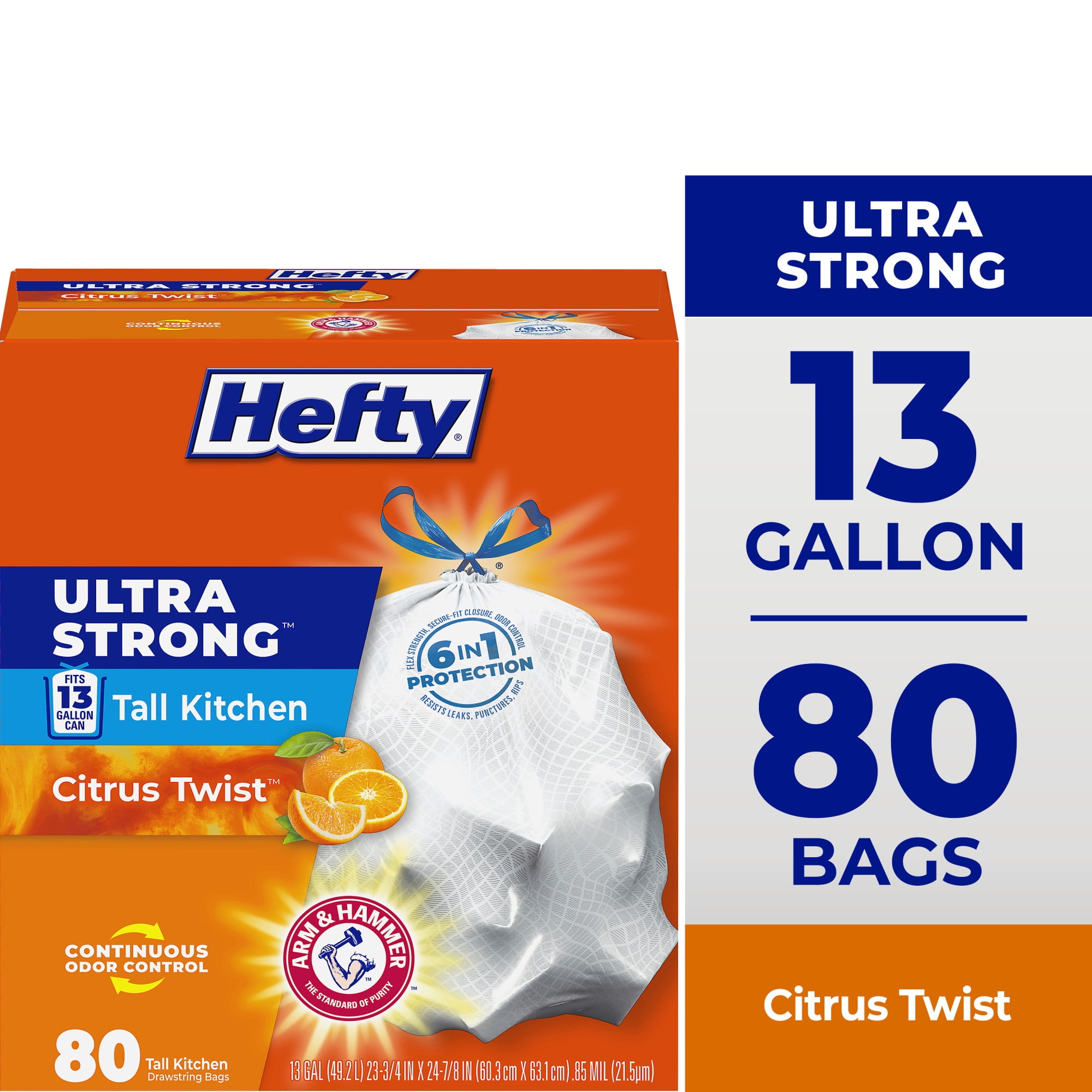 (3 pack) Hefty Ultra Strong 13 Gallon Trash Bags, Tall Kitchen Trash Bags, White, Citrus Twist Scent, 80 Bags