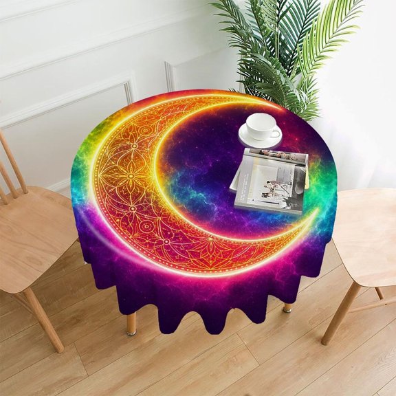 RKSupls 60 Inch Round Tablecloth, Neon Crescent Mandala Premium Polyester Straight Edge Wrinkle Resistant Washable Table Cover for Party Home Dining Decor