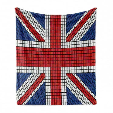 Union Jack Soft Flannel Fleece Throw Blanket, Mosaic Tiles Inspired Design British Flag National Identity Culture, Cozy Plush for Indoor and Outdoor Use, 70" x 90", Royal Blue Red White, by Ambesonne