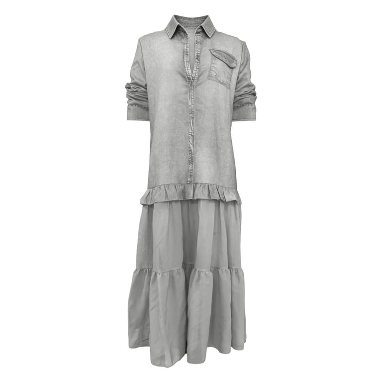 Guluxicc Faux Leather Maxi Dress for Women Collared Button Down 3/4 Sleeve Tiered Chiffon Gothic Party Dress, Women's, Size: Large, Gray