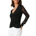 thumbnail image 4 of INSPIRE CHIC Women's Floral V Neck Fitted Lace Mesh Long Sleeve Casual Tops Blouses S Black, 4 of 5