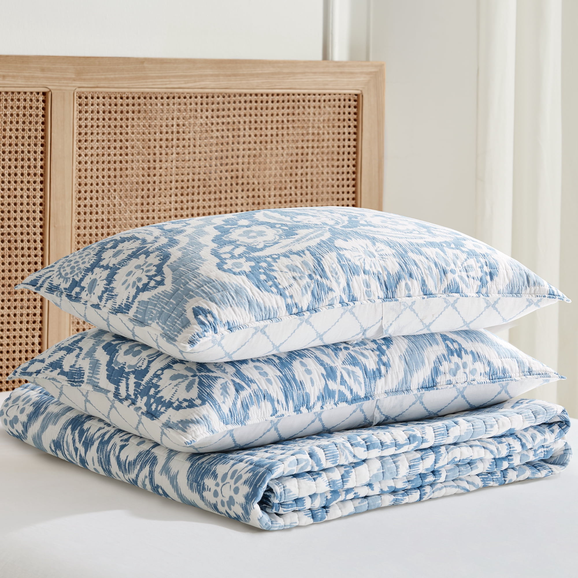 Levtex Home - Becker Blue Quilt Set - Full/Queen Quilt and Two Standard Shams - Ikat - Blue, White - Quilt (88x92in.) and Shams (20x26in.) - Reversible - Cotton