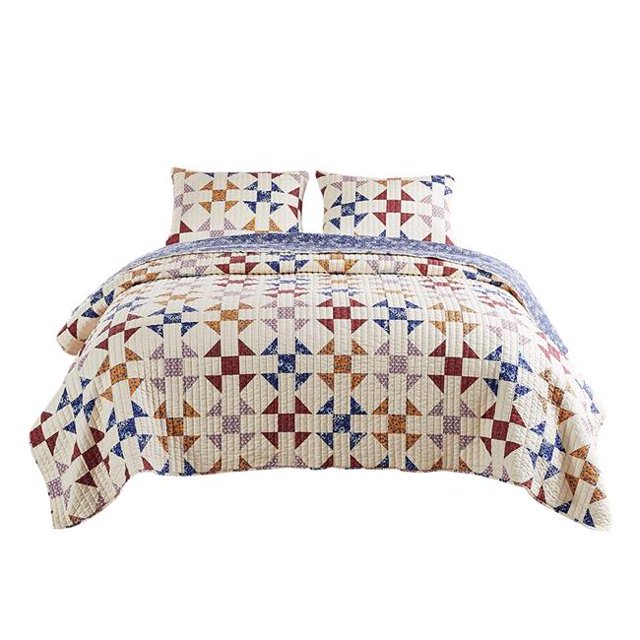 Benjara BM226410 Microfiber Quilt Set with Geometric Print, Multi Color - Full Size - 3 Piece