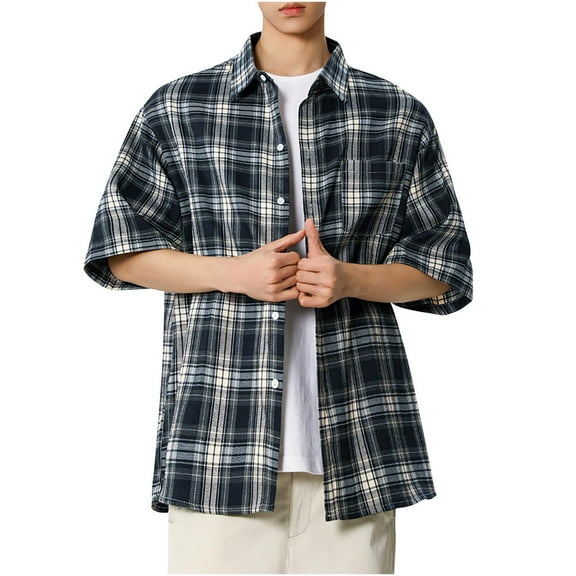 Hvot&aat Men's Classic Plaid Shirt Casual Button Down 3/4 Sleeve Cardigan Loose Fit Soft Outdoor Shirts