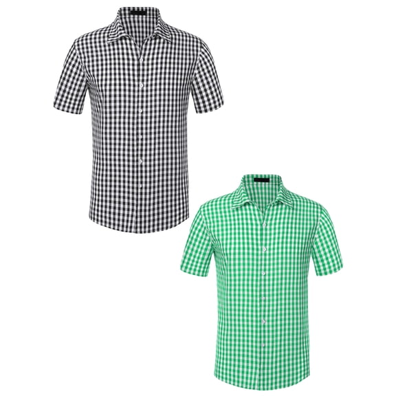 NOMADIC NOOK Checks Dress Shirts for Men's Short Sleeves Formal Plaid Shirt 2 Pack