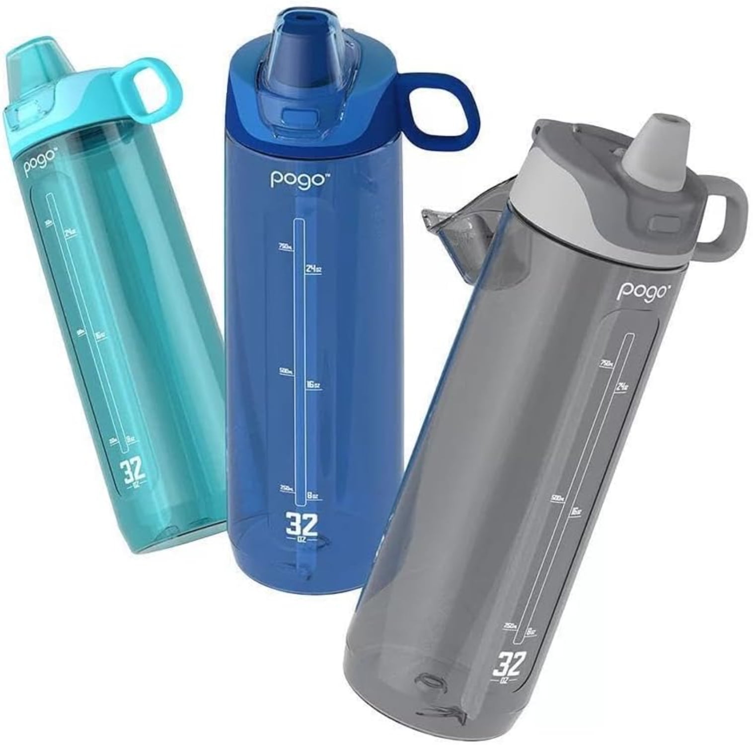 Pogo BPA-Free Tritan Water Bottles with Soft Silicone Straw, 32oz, 3pk (Sky, Blueberry, Gray)