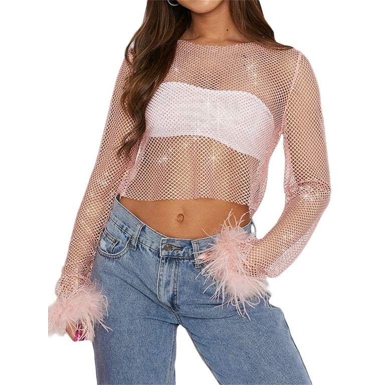 Sunisery Women's See Through Long Sleeve Tshirts Y2k Fishnet Shirt Feather  Trim Crop Top Sheer Mesh Cover Up Blouse Streetwear Pink L 