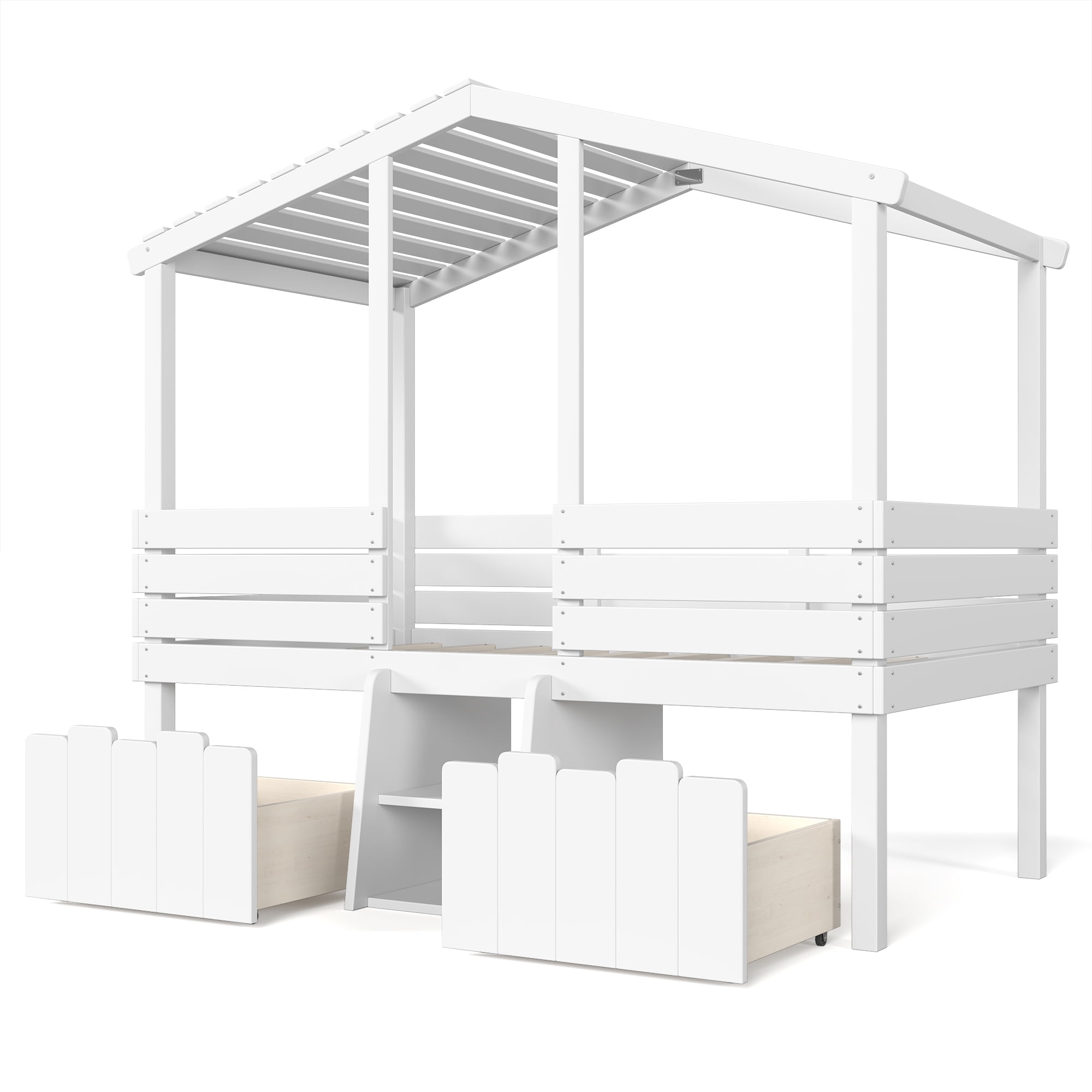 Leumius Twin House Loft Bed with Cute Stairs and 2 Storage Drawers, Farmhouse Low Loft Bed with House Shaped Roof, Childlike and No Box Spring Needed Design White