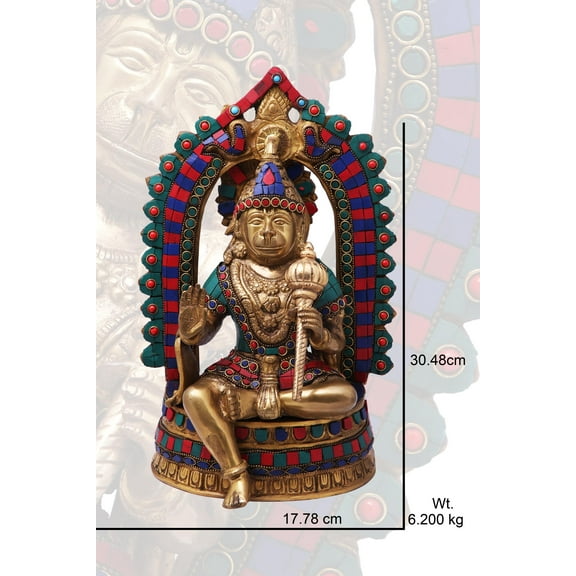 Brass Lord Hanuman Statue with Stonework, 12-inch Big Blessing Colorful Brass Lord Hanuman Idol, Hindu god of Devotion Strength & Celibacy.