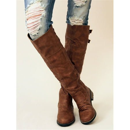Women Lace Up Casual Flat Boots Knee High Boots