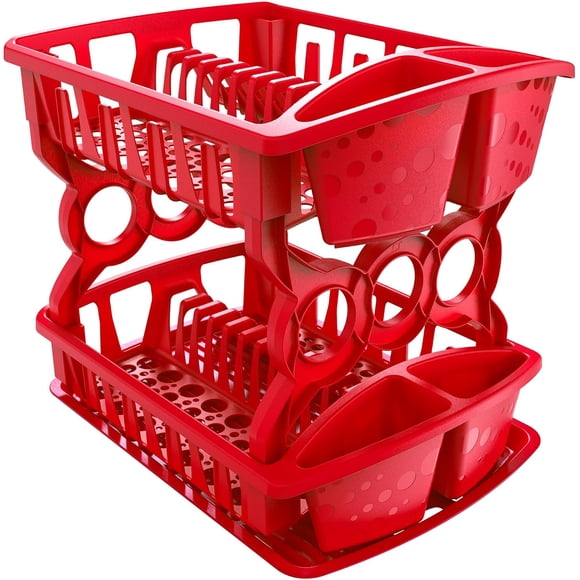 Escurridor de Platos 2 Niveles de Alta Capacidad | Organizador de Cocina Compacto, Ahorra Espacio, con Porta Cubiertos y Fácil Armado (ROJO)
