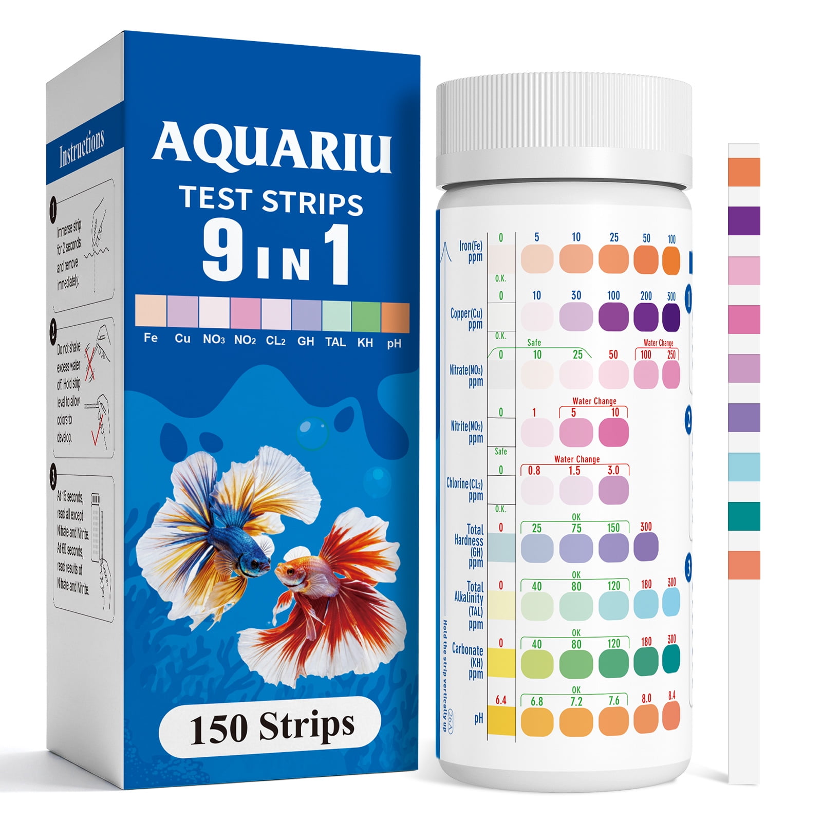 Jopdsy 9 in 1 Aquarium Test Strips 150 Count, Fish Tank Water Test Strips with Test Tube, Test pH Nitrite Nitrate Chlorine Iron Copper GH KH Total Alkalinity