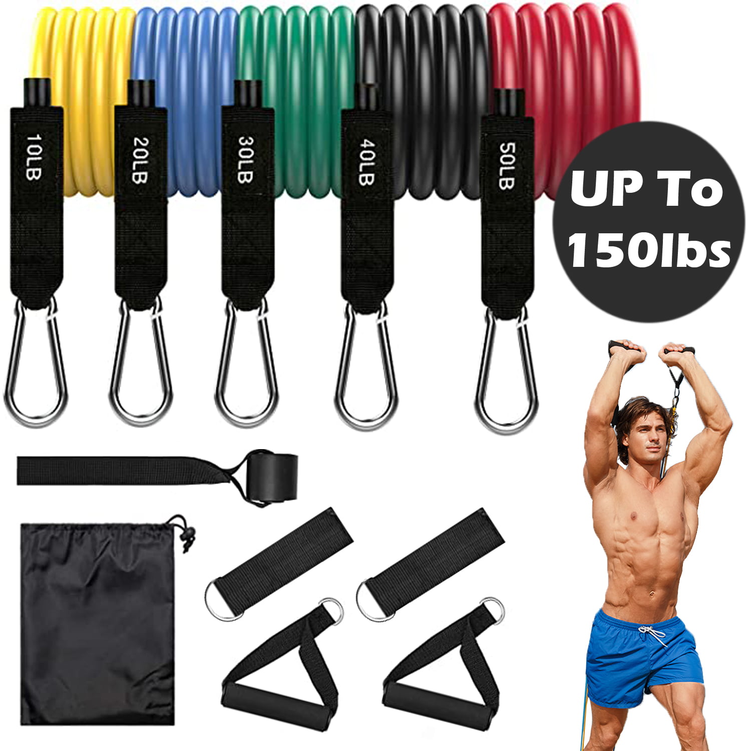 Strength Fitness Workout Resistance Bands 150lbs Set with Handles Door Anchor 
