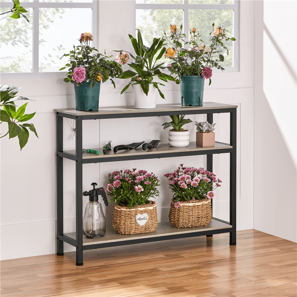 Alden Design Industrial Wooden Entryway Console Table with Open Shelves for Living room, Rustic Gray
