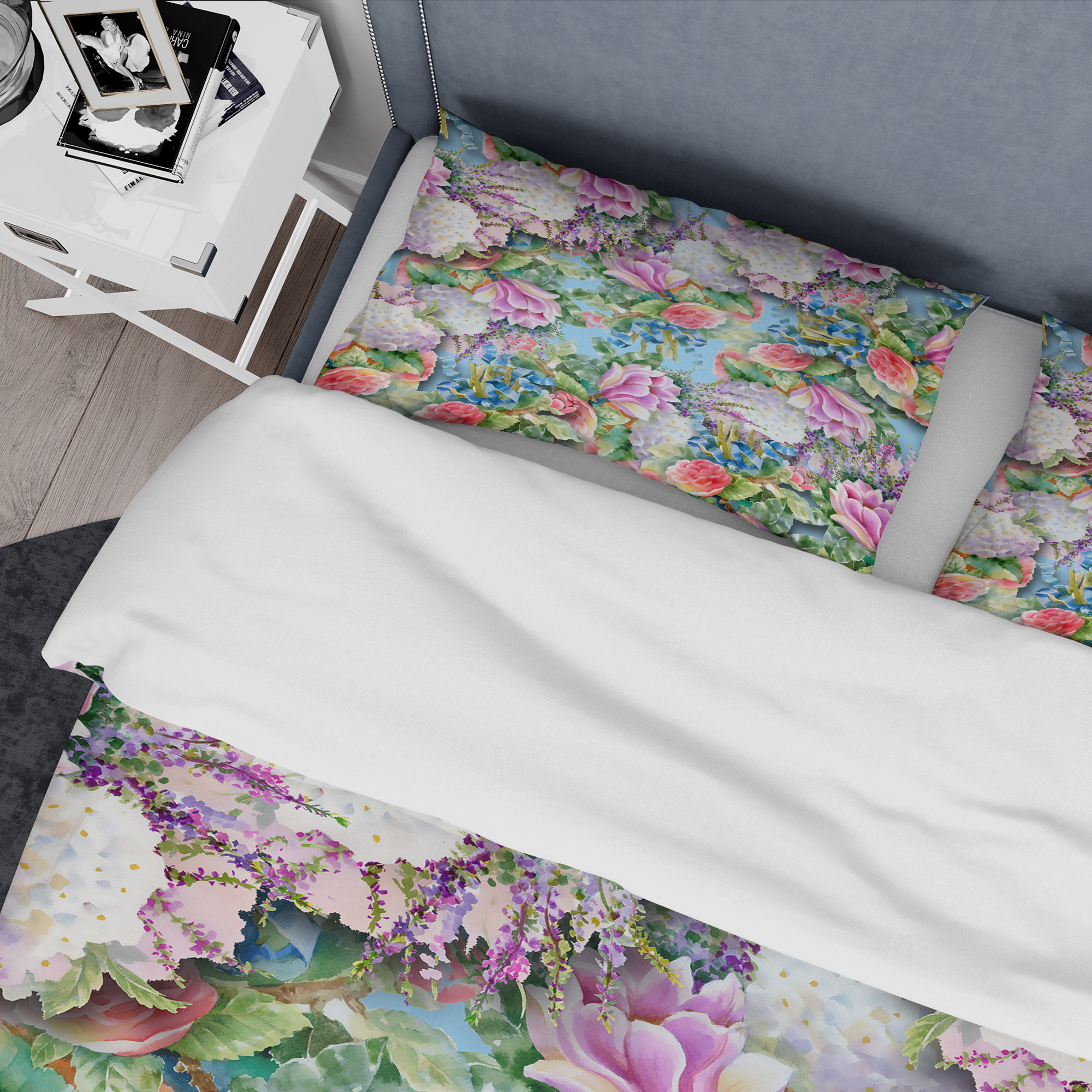 Designart 'Pink Flower Pattern on Blue' Vintage Duvet Cover Set