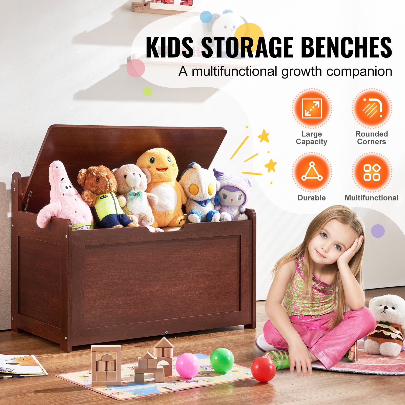 KFFKFF Children's Wooden Storage Chest, Flip-Top Lid with Safety Hinge, 32.68 x 17.91 x 24.02" Spacious Bench for Toys, Suitable for Playrooms, Bedrooms, Living Spaces, Cherry Finish