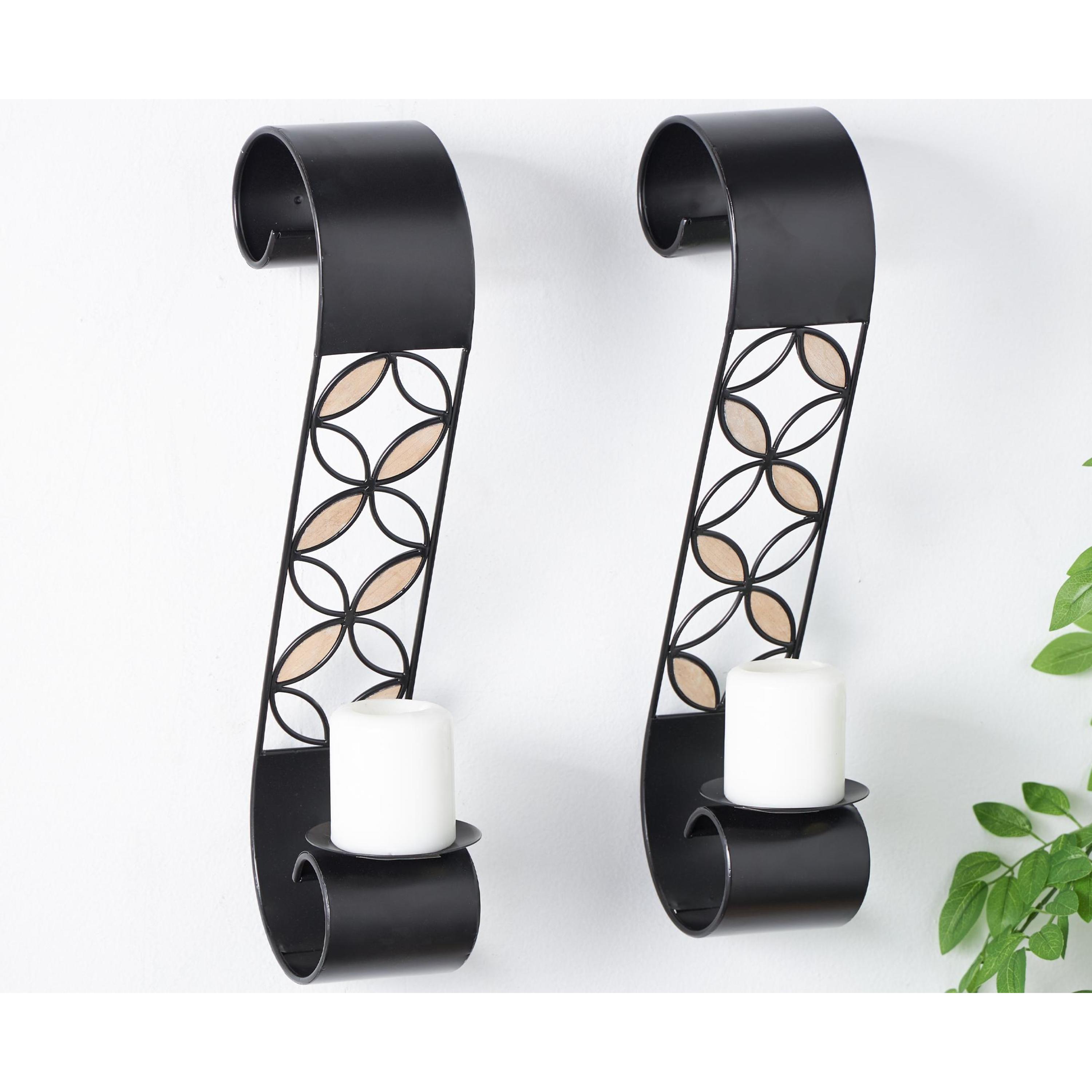 DecMode 2 Holder Black Metal Scroll Wall Sconce with Floral Patterns and Wood Accents, Set of 2