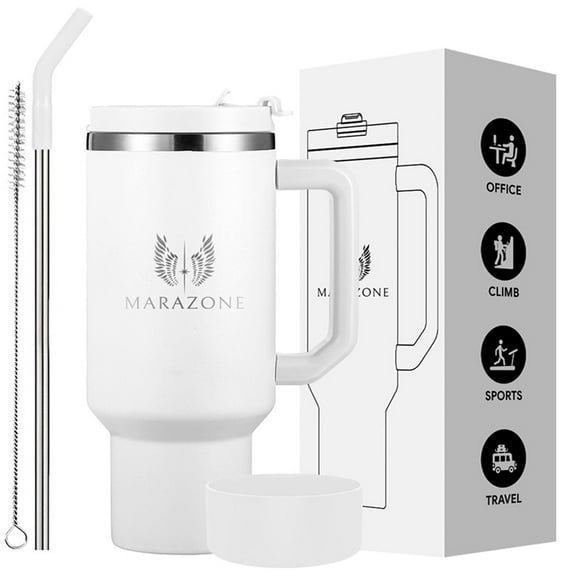 MARAZONE 40 oz Pure White Stainless Steel Insulated Travel Mug for Hot and Cold Drinks, Leak Proof Tumbler with Accessories