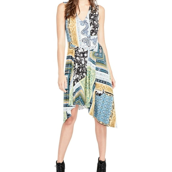 RACHEL ROY Womens Green Patchwork-print Sleeveless V Neck Knee Length Dress Size: S