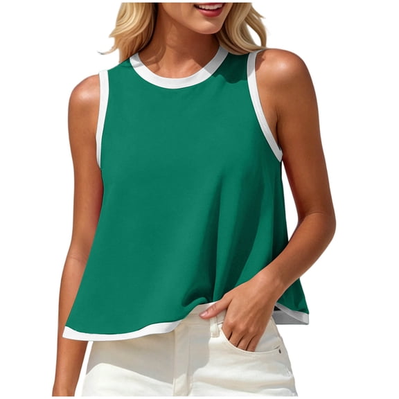 DeHolifer Women Summer Sleeveless Tops Casual Tank Tops Color Block Crewneck Blouses Going Out T-Shirts Beach Travel Green L
