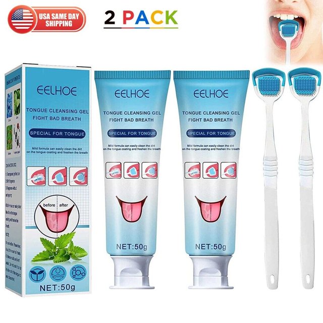 2pack Tongue Cleaning Gel with Tongue Scraper Brush Fresh Breath Oral Clean Tool