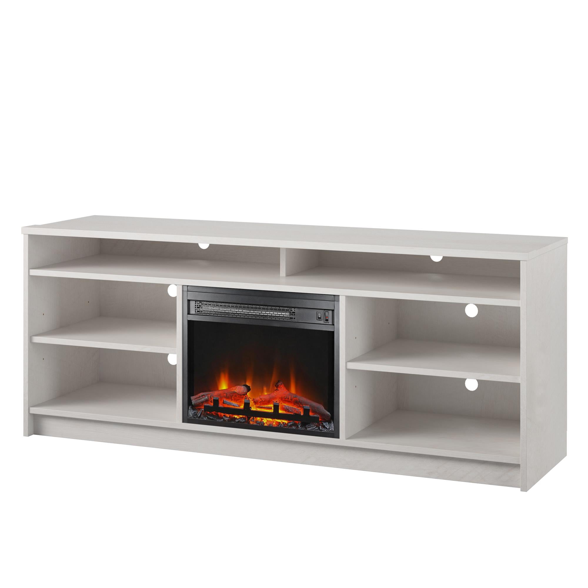 Ameriwood Home Heston 65" TV Stand with Electric Fireplace Insert and 6 Shelves, Ivory Oak