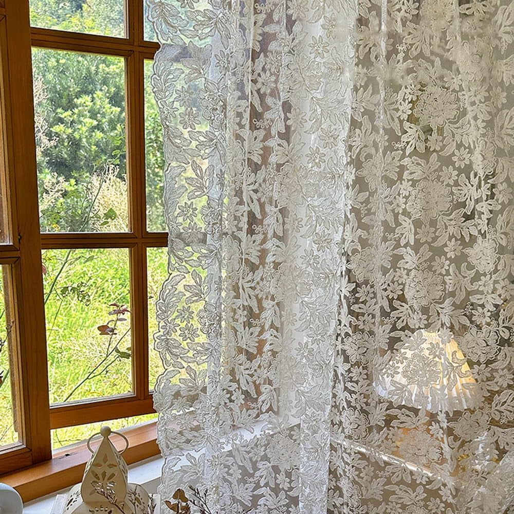 Joqmia Elegant Floral Lace Sheer Curtains, Vintage Embroidered Voile Panels for Bedroom Living Room Kitchen, 2-Pack Rod Pocket Light Filtering Window Drapes