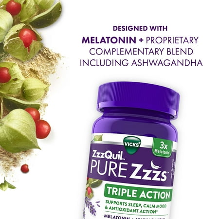 Vicks ZzzQuil Pure Zzzs Triple Action Sleep Aid Melatonin Gummies, Melatonin 6mg, 60 Count