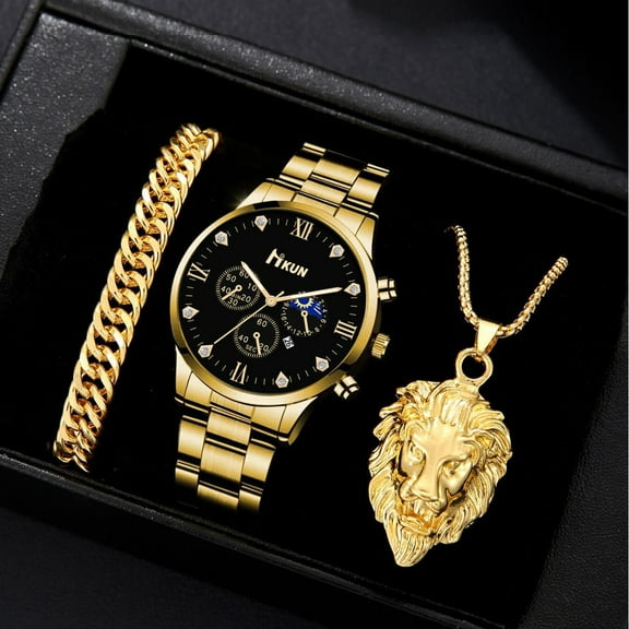 New Fashionable Business Men's Steel Band Watch with Fake Three Eyes Quartz Watch and Lion Necklace Set